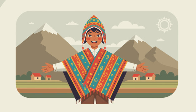 Young boy wearing a traditional Peruvian poncho and chullo hat standing with open arms against Andean mountains.
