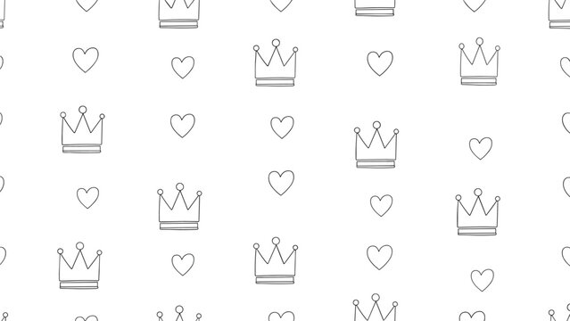 Whimsical seamless pattern featuring a playful scattering of delicate outline crowns and small hearts, all on a pristine white background, symbolizing royalty and affection.