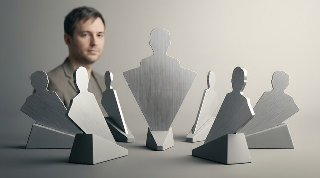 Human resources recruitment, leadership metal icons placed in circular formation, corporate teamwork management symbols, blurred professional male figure background, marketing advertising projects