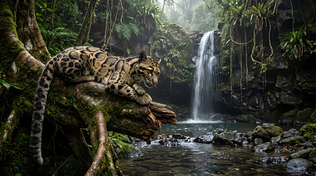Clouded leopard cat, crouching on mossy branch and looking alert, exotic spots and long tail, lush tropical rainforest waterfall and stream, travel tourism and wildlife education application visuals.