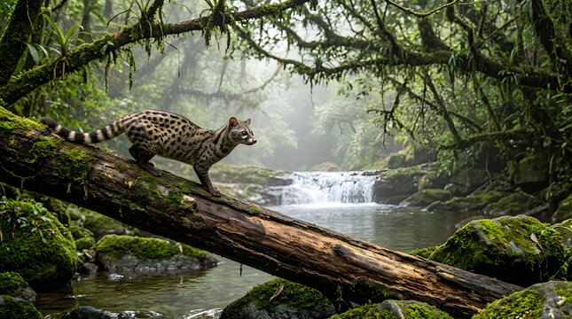 Common genet wildcat spotted predator, walking cautiously on mossy fallen log over river, waterfall backdrop tropical foliage green trees stones, dense exotic rainforest misty mountain stream, ideal 