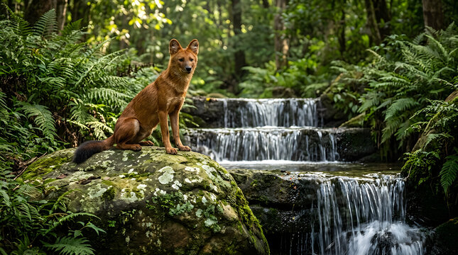 Asiatic Wild Dog Dhole, sitting alert on mossy boulder looking forward, lush ferns tiered waterfall cascading stream scenic landscape, tropical dense green jungle forest, professional wildlife image.