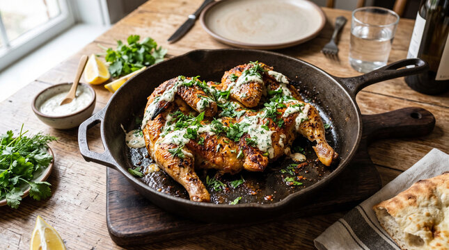 Chicken tabaka with garlic sauce in cast iron skillet