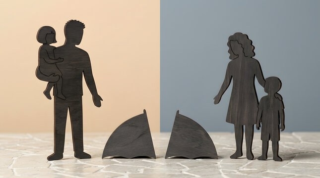 Family divorce silhouette, broken heart wooden figures, father with daughter and mother with son, split dual color background, professional law firm legal services marketing advertisement agency.