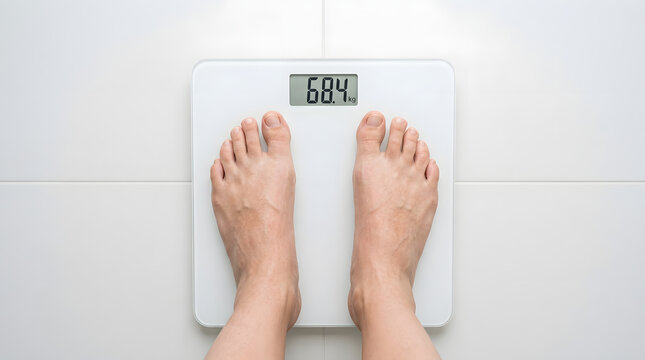Bare feet standing on digital bathroom scale measuring body weight for fitness and healthy lifestyle tracking