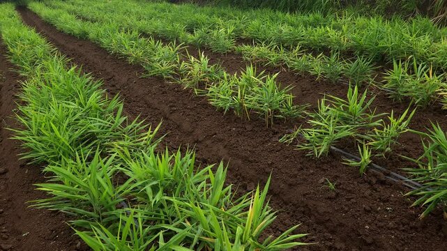 Precise Micro-Irrigation Framework for Commercial Ginger Farming prioritizing water conservation, soil nutrient balance, and structured crop line spacing within a thriving agricultural landscape.