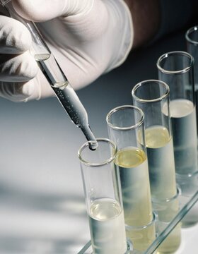 Carefully transferring liquid samples into a test tube rack for laboratory research and analysis within a contemporary scientific setting