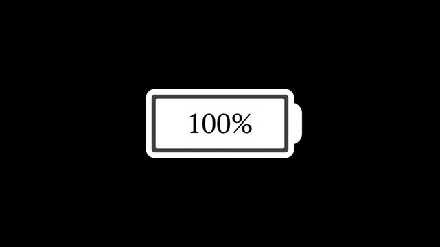 Minimalist animation of a digital battery icon charging from 0% to 100% on a black background. The white indicator bar and percentage numbers increase dynamically to show a full power cycle