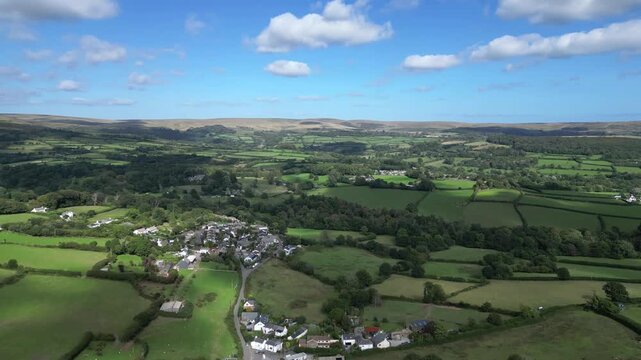 Hemerdon, Devon, England: DRONE VIEWS: Countryside looking towards the south-west hill ranges of Dartmoor National Park. The Park covers 368 sq. miles and achieved national park status in 1951.