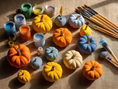 Painted Pumpkins And Art Brushes Arrangement