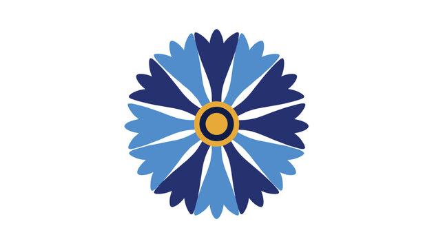 Symmetrical blue cornflower blossom graphic isolated on a solid white background in a flat modern vector art style.