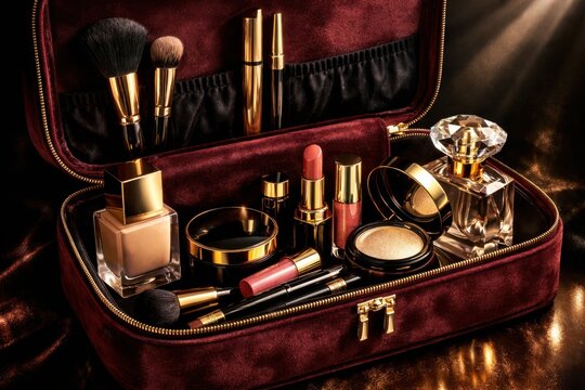 Luxury makeup collection arranged in elegant velvet cosmetic case with premium beauty products and accessories