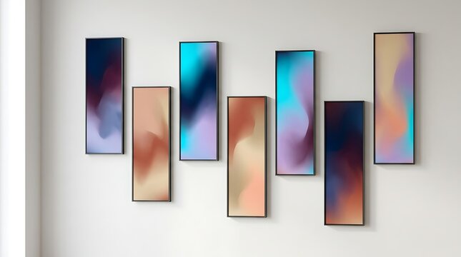 Modern abstract art gallery wall with colorful vertical framed prints on white wall