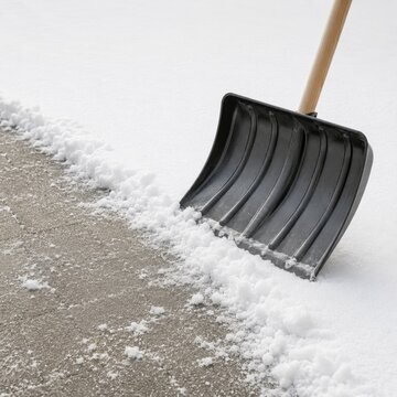 Snow shovel clearing fresh snow from a paved walkway during winter maintenance