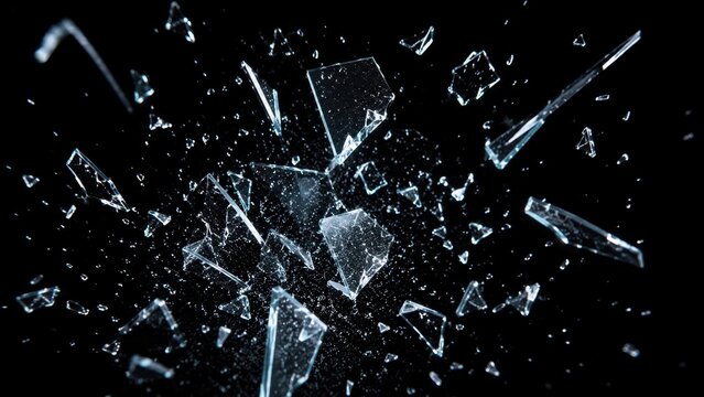 Exploding shattered glass fragments suspended in motion against a dramatic black background