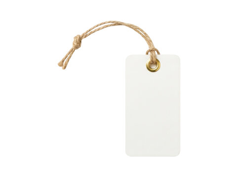 Blank white paper hang tag with metallic eyelet and jute string isolated on transparent background for products
