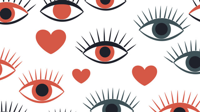Whimsical seamless pattern features stylized eyes with long lashes in red and grey, interspersed with vibrant red hearts, on a clean white background.