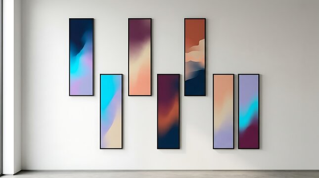 Modern abstract art gallery wall with colorful vertical gradient paintings on white wall