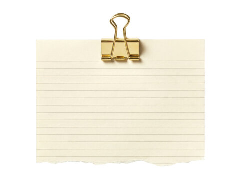 Cream colored lined note paper held by a gold metal binder clip isolated on transparent background for office