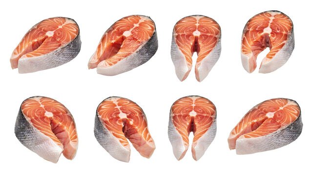 Eight raw salmon steaks arranged in a grid pattern on a white background, isolated on a, transparent background