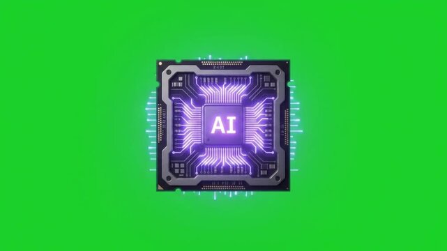 Futuristic Artificial Intelligence AI Processor Chip Glowing and Pulsing on Green Screen Background, Technology Animation
