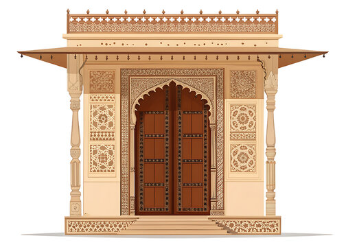 Traditional Rajasthani doorway with geometric stone carving  heavy wooden doors  small decorative canopy  modern minimal vector illustration