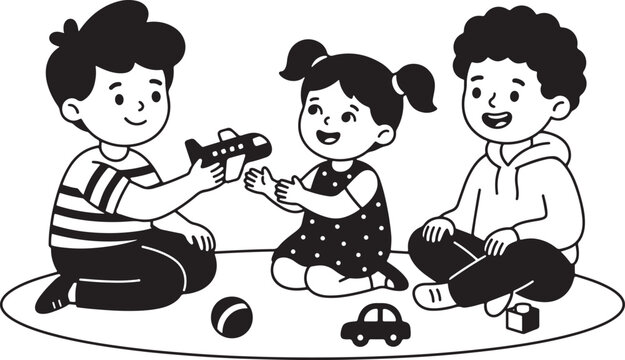 Illustration of young children sharing and playing together with various colorful educational toys