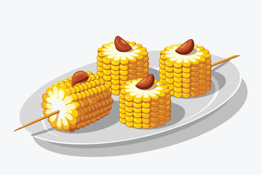 Plate of skewered corn on the cob pieces topped with roasted nuts, delicious vector food illustration.