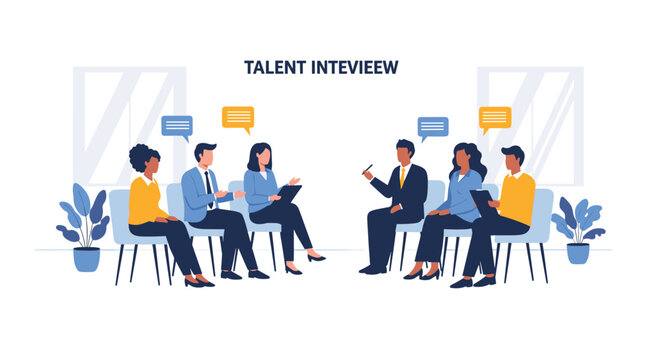 Recruiter panel interviewing a diverse group of job candidates sitting in chairs in a modern office meeting room.