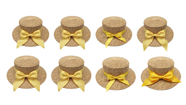 Eight straw boater hats with bright yellow ribbon bows arranged in two rows on a plain white background, isolated on a, transparent background