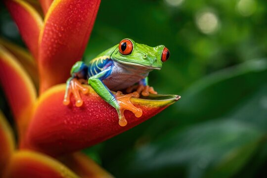 Red-Eyed Tree Frog Perched on Vibrant Tropical Heliconia Flower in Lush Rainforest