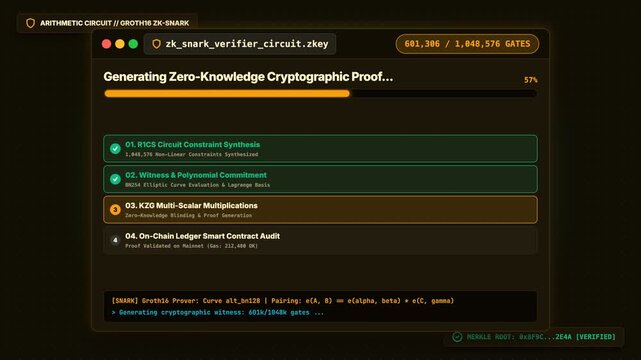 Animated interface showing the generation and on-chain verification of a zero-knowledge cryptographic proof.