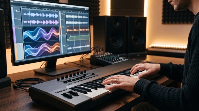 Music producer playing MIDI keyboard controller in front of monitor displaying audio waveforms, representing studio recording, composing, and digital music creation