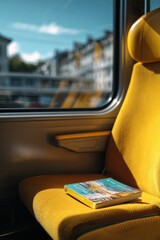 Obraz premium Yellow train seat with book resting on it showcases cozy travel scene. Soft sunlight illuminates book and seat, creating warm atmosphere. Background features blurred windows