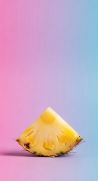 Single fresh yellow pineapple wedge slice with visible texture and skin isolated on a soft pastel pink and light blue vertical gradient background with copy space above.