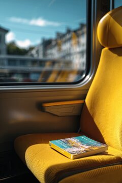 Yellow train seat with book resting on it showcases cozy travel scene. Soft sunlight illuminates book and seat, creating warm atmosphere. Background features blurred windows