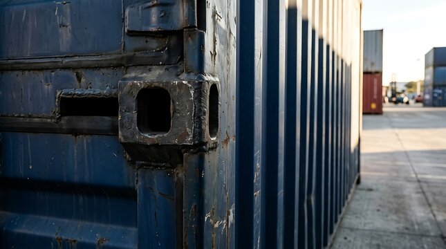 A close up view of a blue 20 foot container corner casting in a shipping yard with industrial storage
