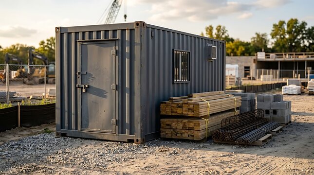 A secure 20 foot container modified as an office on a construction site with building materials nearby