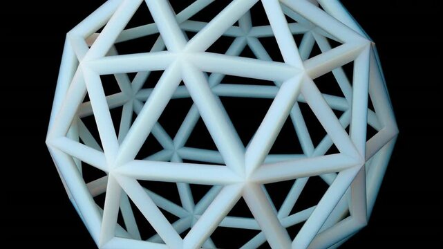 A close up view highlights a white wireframe geodesic sphere rotating steadily on black. The intricate triangular mesh spins with precise geometric symmetry.