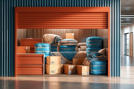 Self storage unit has open orange door with organized furniture and boxes wrapped in blue film