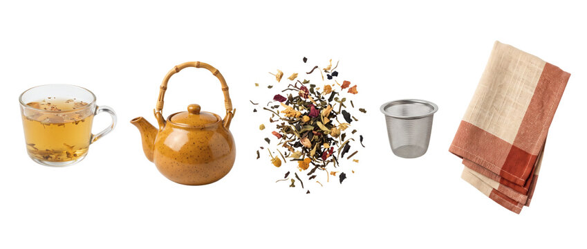 Herbal tea collection, a glass cup accompanies an amber teapot, loose leaves and a metal infuser. A folded cream and rust cloth completes the separated brewing accessories on transparent space.