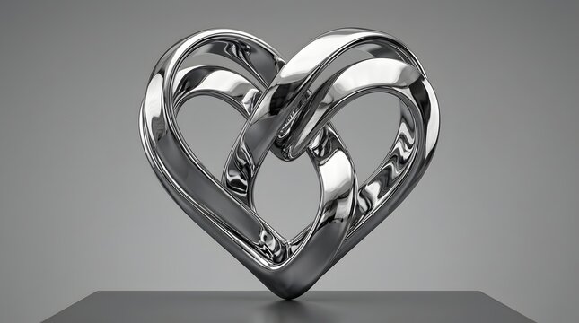 Shiny chrome heart sculpture featuring interlocking metallic ribbons with smooth reflective surfaces captured in a clean minimalist high resolution studio photograph
