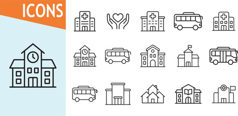 Fototapeta premium Hospital school bus and building icons for transport