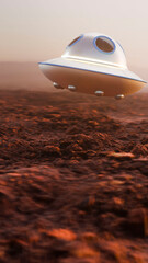 UFO Flying saucer hovers above red rocky Martian terrain. Sci-fi concept with realistic 3D render and copy space. UHD 8K quality. © Morozov Alexey