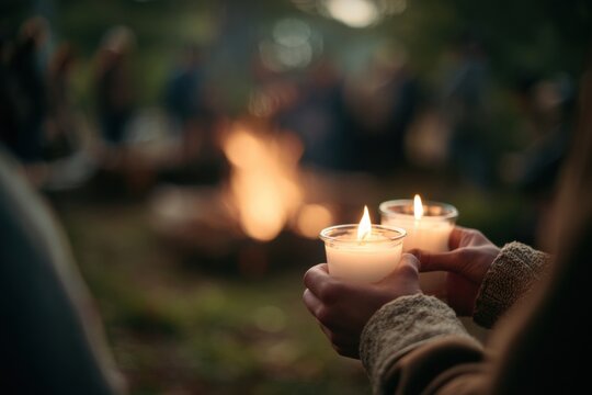 Candlelight ceremony showcases two hands holding lit candles. Soft glow illuminates surroundings with blurred figures around fire. Warm atmosphere evokes connection and reflection