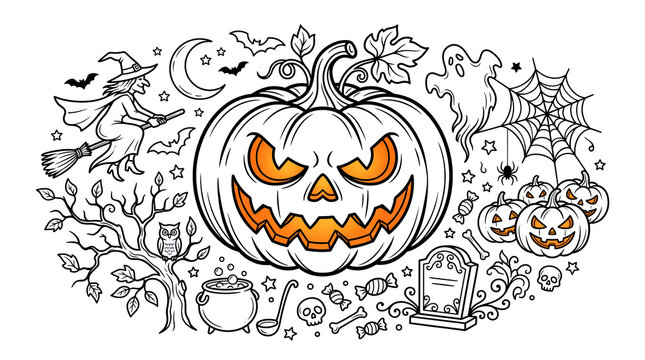 Spooky Halloween Pumpkin Jack O Lantern with Doodle Elements Line Art Illustration Isolated on White Background