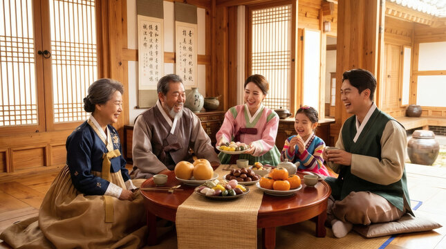 Happy Multi-Generation Korean Family in Hanbok Celebrating Chuseok or Seollal Holiday with Traditional Food in a Hanok