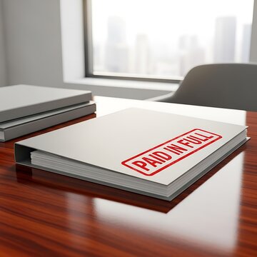 White document binder stamped paid in full sitting on wooden desk in office