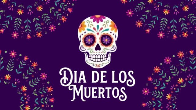 Day of the Dead (D&iacute;a de los Muertos) skull with watered flowers, 4K animated video.