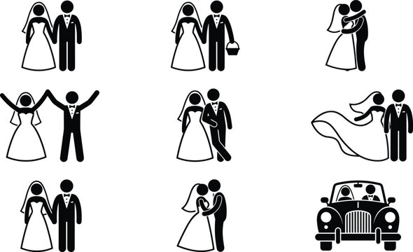 Wedding couple icon set depicting bride and groom holding hands hugging celebrating kissing and driving vintage car